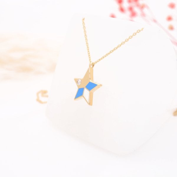 14 Ayar Altın Taşlı Mineli Yıldız Kolye