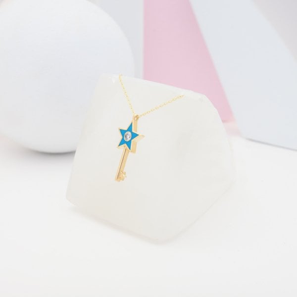 14 Ayar Altın Taşlı Mavi Yıldız Kolye