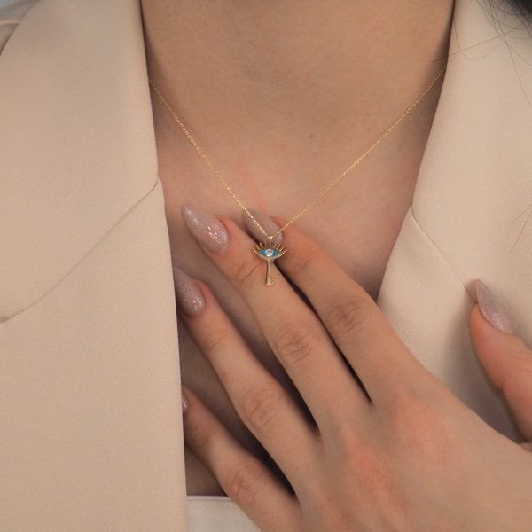 14 Ayar Altın Taşlı Mavi Göz Kolye