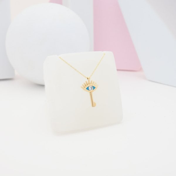 14 Ayar Altın Taşlı Mavi Göz Kolye