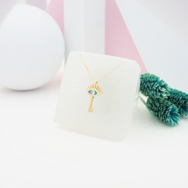 14 Ayar Altın Taşlı Mavi Göz Kolye