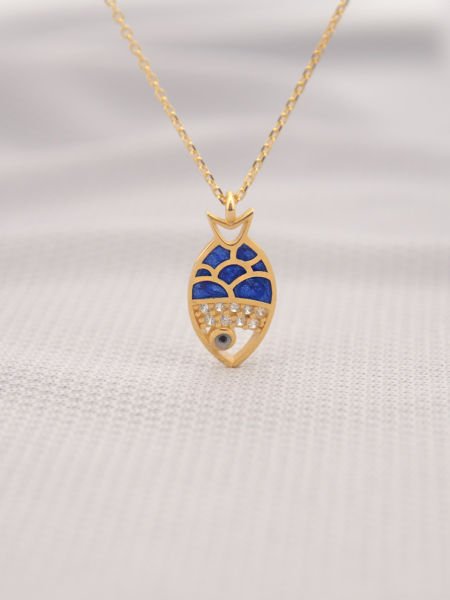 14 Ayar Altın Mavi Mineli Balık Kolye