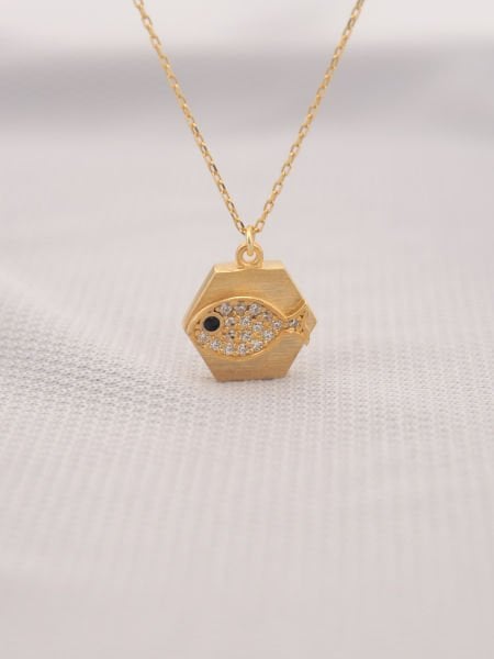 14 Ayar Altın Taşlı Balık Kolye