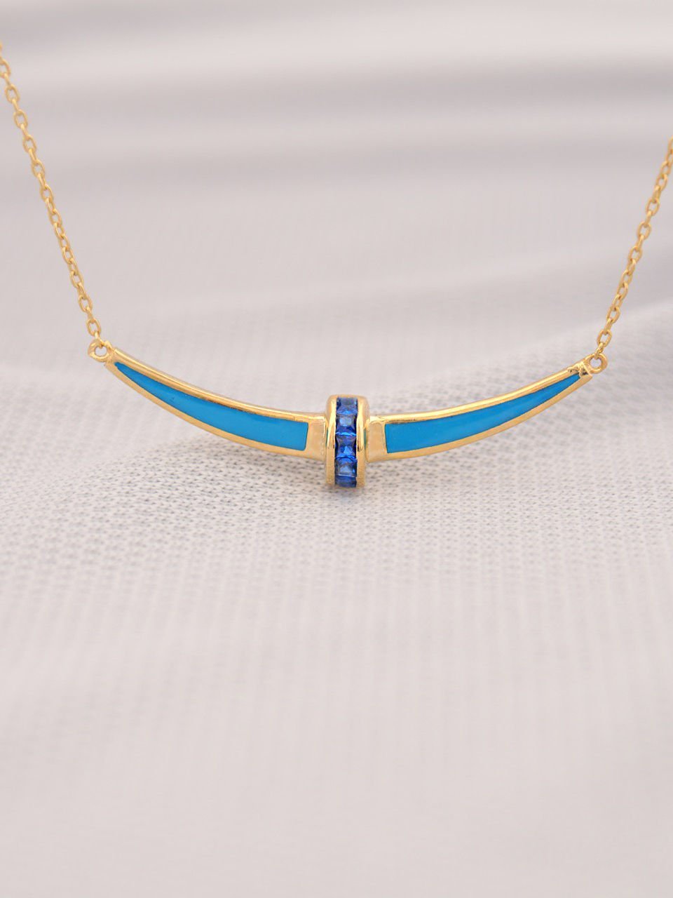 14 Ayar Altın Mavi Mineli Tasarım Kolye