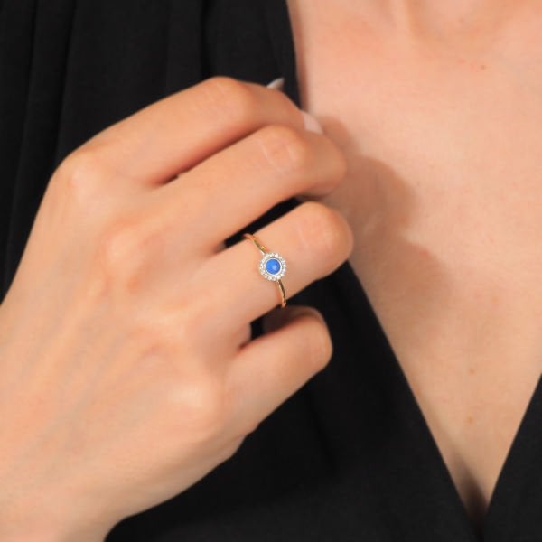 14 Ayar Altın Yuvarlak Mavi Taşlı Yüzük