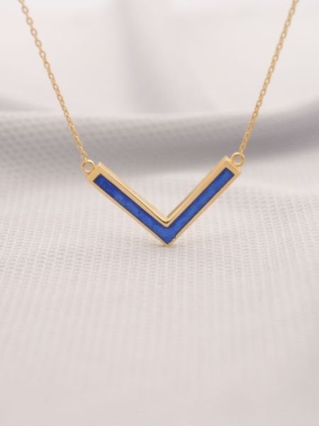 14 Ayar Altın Mavi Mineli V Kolye