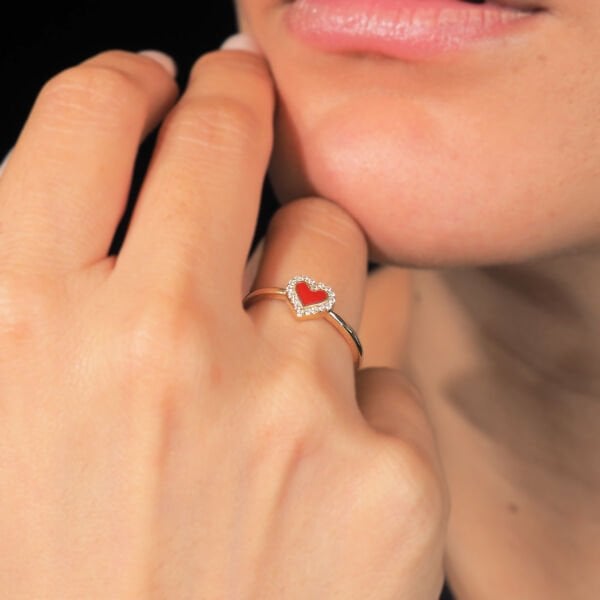 14 Ayar Altın Kahverengi Kalp Taşlı Yüzük