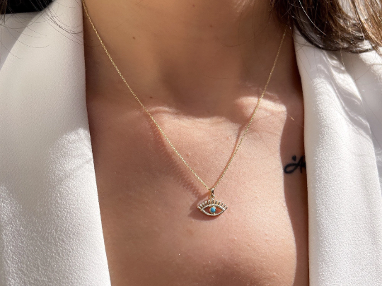 14 Ayar Altın Mini Mavi Göz Kolye