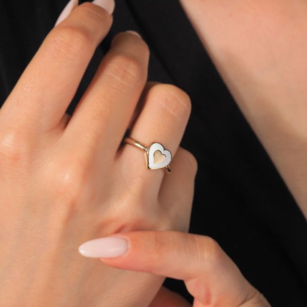 14 Ayar Altın Kalp Beyaz Yüzük