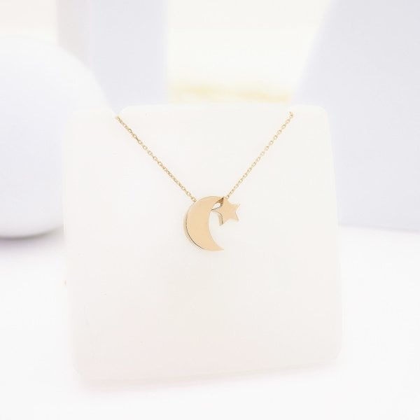 14 Ayar Altın Ay Yıldız Kolye Rose - 55cm