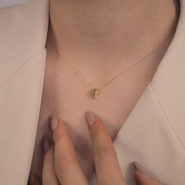 14 Ayar Altın Ay Yıldız Kolye