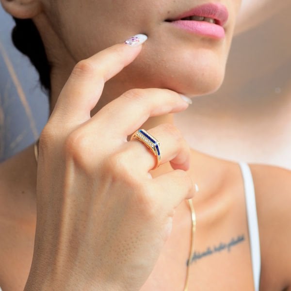 14 Ayar Altın Mavi Mineli Çok Taşlı Modern Yüzük