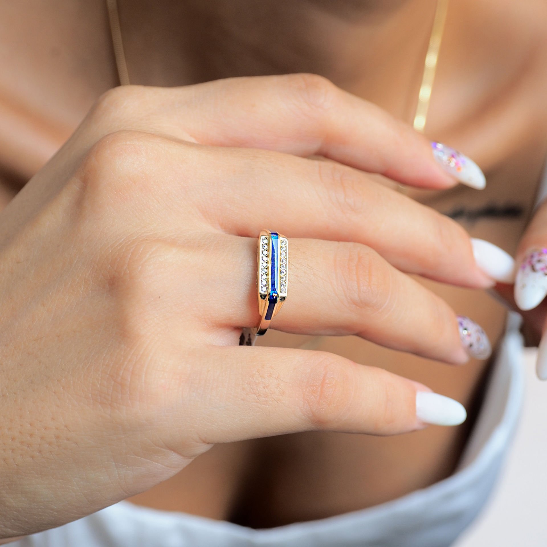 14 Ayar Altın Mavi Mineli Çok Taşlı Modern Yüzük