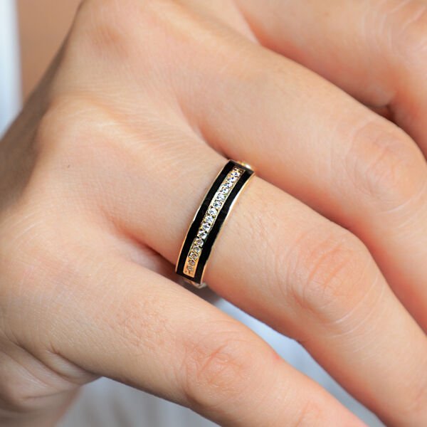 14 Ayar Altın Siyah Mineli Zincir Tasarım Yüzük