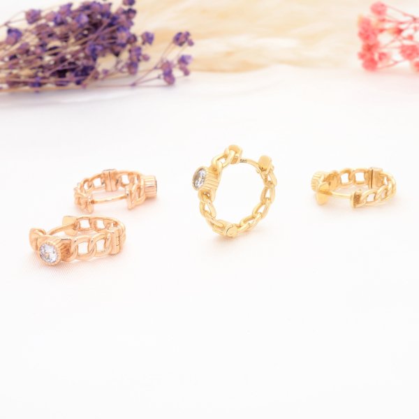 14 Ayar Altın Tek Taş Zincir Küpe