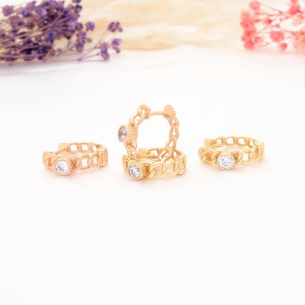 14 Ayar Altın Tek Taş Zincir Küpe