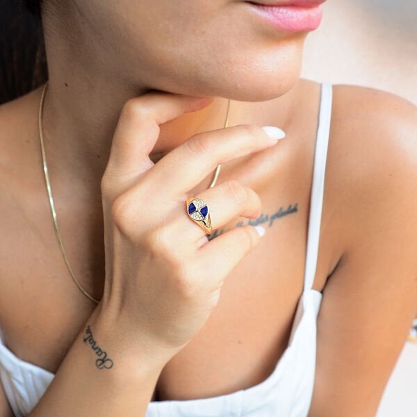 14 Ayar Altın Mavi Mineli Yüzük