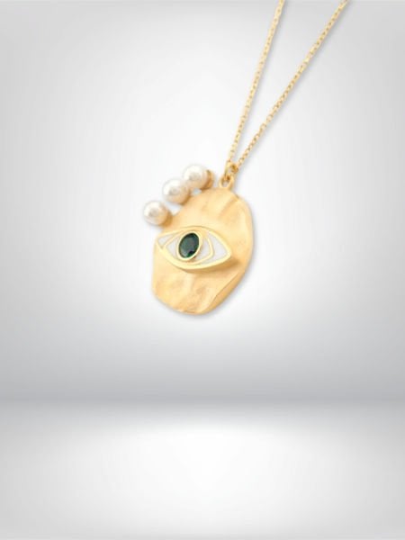 14 Ayar Altın Yeşil Taş Detaylı İncili Göz Kolye