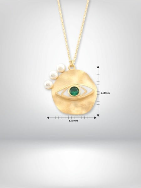 14 Ayar Altın Yeşil Taş Detaylı İncili Göz Kolye