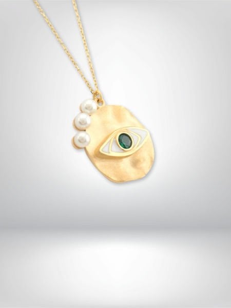 14 Ayar Altın Yeşil Taş Detaylı İncili Göz Kolye