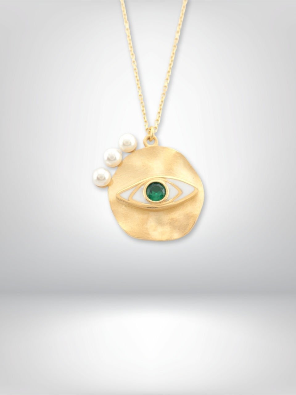 14 Ayar Altın Yeşil Taş Detaylı İncili Göz Kolye