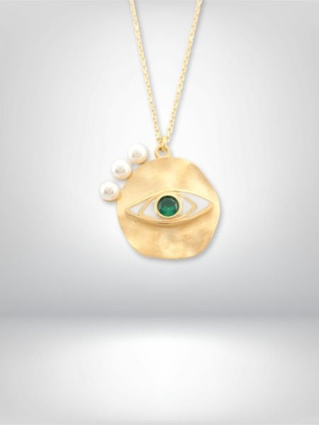 14 Ayar Altın Yeşil Taş Detaylı İncili Göz Kolye