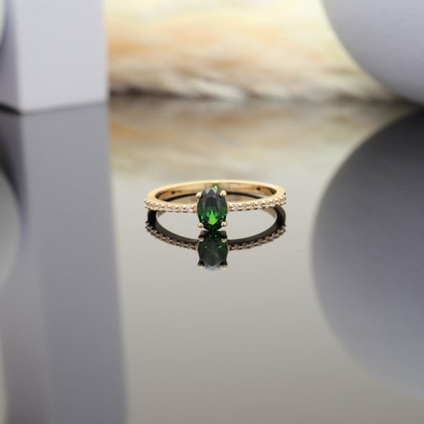 14 Ayar Altın Yeşil Taşlı Yüzük