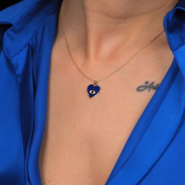 14 Ayar Altın Mavi Göz Kalp Kolye